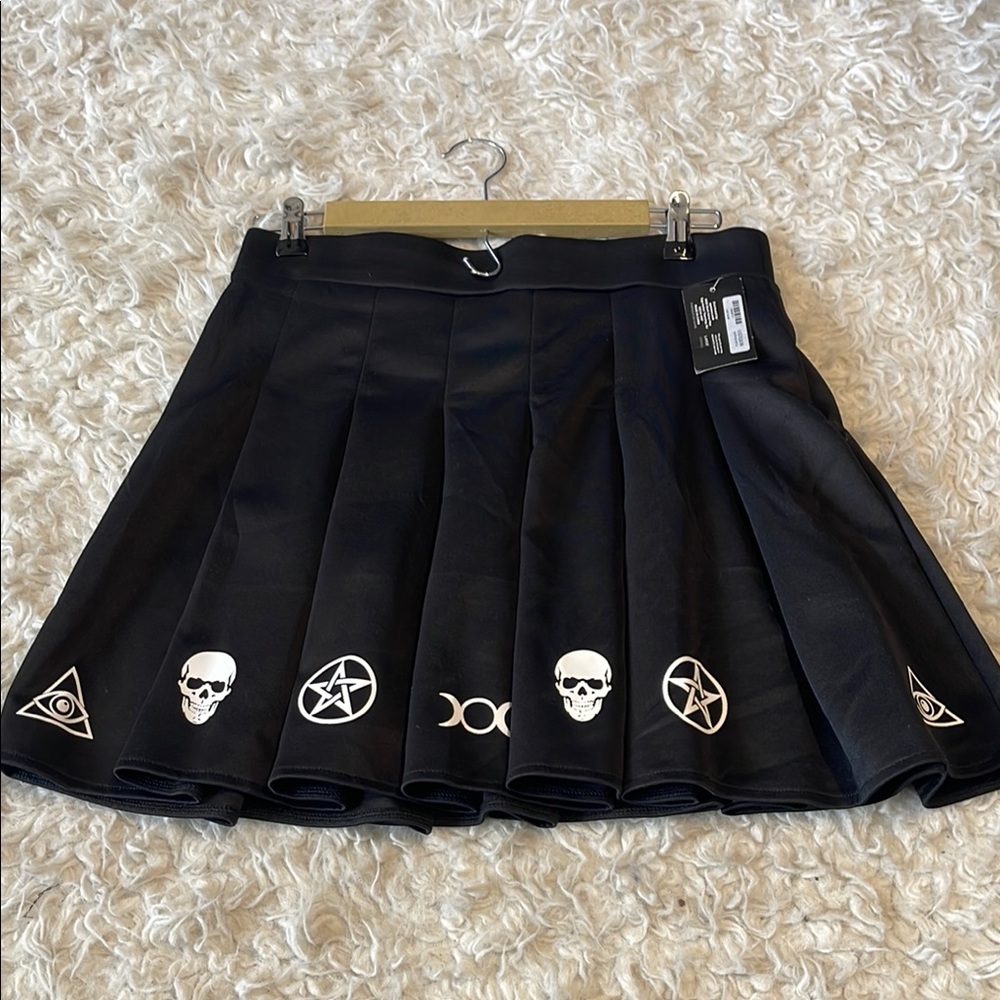 Black Pleated Skirt with Skull and Symbol Design NWT ❤️